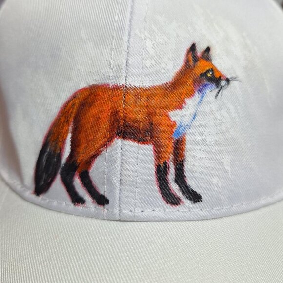 Hand-Painted Fox Hat on White Baseball Hat. - Picture 4 of 10